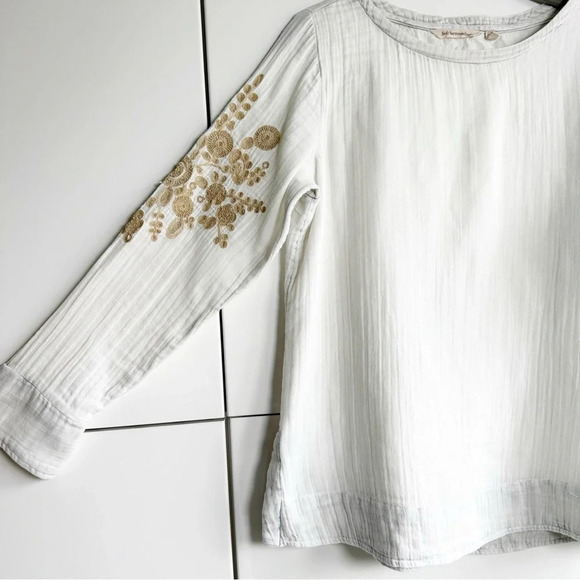 Soft Surroundings Gauze Top Ivory With Tan Embroidered Sleeves Size Medium - Picture 2 of 8